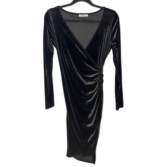 Velvet V-Neck Long Sleeve Wrap Bodycon Ruched Cocktail Party Wedding Guest Dress - Picture 5 of 7